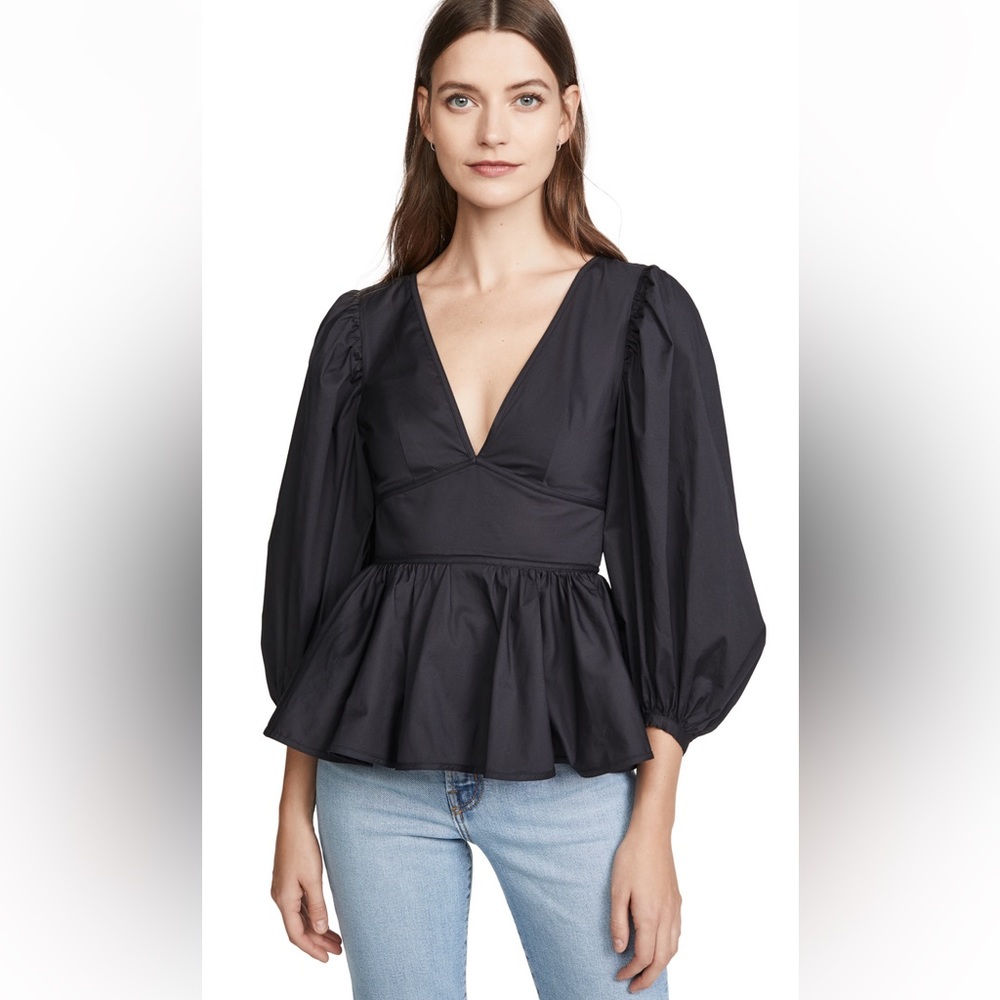 STAUD Luna Top Black Peplum Poplin Bold Sleeve Open Back - Picture 15 of 15